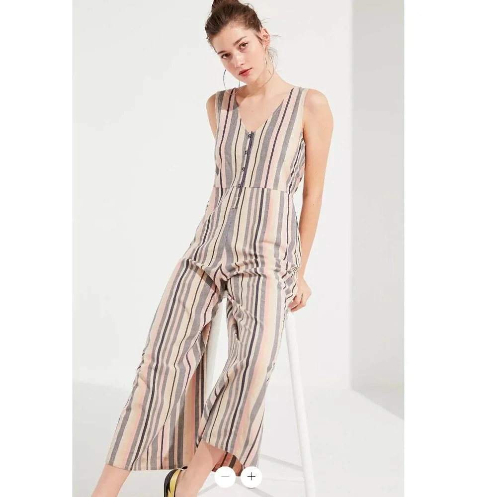 Urban Outfitters Sage Striped Button Down Sleeveless Jumpsuit Size XS